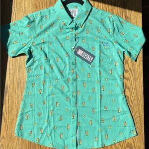 RSVLTS Women's KUNUFLEX Short Sleeve Shirt Drinks Palms Up Minty Green NWT Med